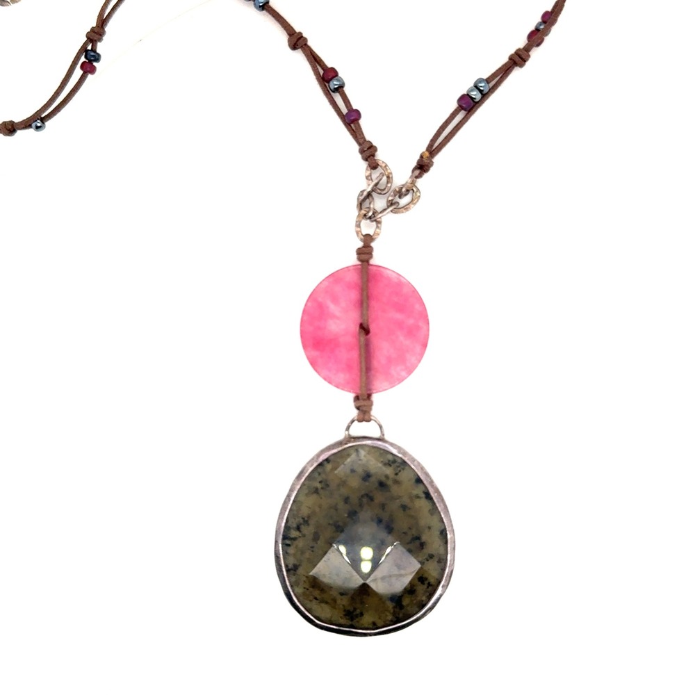 Silpada Reversible Stone Pendant Necklace Sterling Silver Cord 20-22" Pink Green